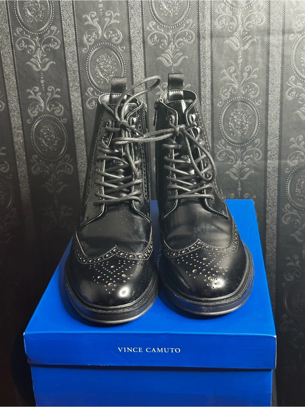 Vince Camuto Black Leather Brogue Combat Boots